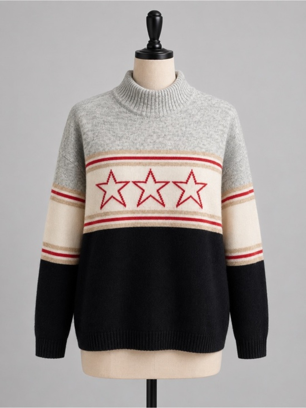 Lou & Grey Colorblock Star Mock Neck Sweater Gray Black Cozy Knit